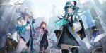  1boy 4girls absurdres aki_(girls&#039;_frontline_nc) animal_ears antonina_(girls&#039;_frontline_nc) aqua_hair bangs black_dress black_gloves black_hair black_jacket black_skirt blue_eyes cityscape commentary copyright_name cowboy_shot croque_(girls&#039;_frontline_nc) dress et_atr3 finger_to_mouth girls&#039;_frontline girls&#039;_frontline_neural_cloud gloves grey_hair hat headphones highres holding_pill holographic_interface hood hooded_jacket jacket labcoat long_hair long_sleeves multiple_girls nurse_cap official_art pa-15_(girls&#039;_frontline) pantyhose persicaria_(girls&#039;_frontline_nc) pill pink_eyes pink_hair short_hair skirt standing thighhighs twintails white_dress white_jacket yellow_eyes 