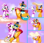  accessory anthro avian bird bow_ribbon bow_tie chicken clothing dialogue duo ear_piercing ear_ring female five_nights_at_freddy&#039;s five_nights_at_freddy&#039;s:_security_breach flour galliform gallus_(genus) glamrock_chica_(fnaf) glamrock_freddy_(fnaf) hair_accessory hair_bow hair_ribbon hat headgear headwear hi_res kissing leotard male male/female mammal phasianid piercing pizza_dough ribbons ring_piercing scottgames skeletonguys-and-ragdolls top_hat ursid video_games 