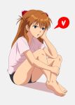  1girl bangs bare_legs barefoot black_shorts breasts brown_hair conejologia crossed_legs english_commentary feet full_body grey_background hair_ornament hand_up head_rest heart highres legs long_hair looking_to_the_side neon_genesis_evangelion open_mouth pink_shirt shadow shiny shiny_hair shirt short_shorts short_sleeves shorts sidelocks signature simple_background sitting soles solo souryuu_asuka_langley spoken_heart t-shirt teeth toenails toes upper_teeth 