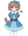  1girl :&lt; animal_ears arms_behind_back bangs belt belt_buckle black_belt blue_bow blue_bowtie blue_dress blue_eyes blue_gemstone blue_hairband blush bob_cut bow bowtie brooch brown_hair buckle character_request chibi chibi_inset closed_mouth collared_dress copyright_request cowboy_shot delicious_party_precure dog dog_ears dog_girl dog_tail dress dual_persona frilled_dress frills gem hair_bow hair_ribbon hairband half-closed_eyes heart_brooch highres jewelry looking_at_viewer nemuiyoo00 pam-pam_(precure) pam-pam_(precure)_(human) pantyhose precure puffy_short_sleeves puffy_sleeves ribbon short_hair short_sleeves solo sparkle standing tail v_arms white_background white_pantyhose 