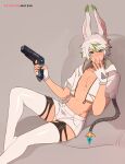  aiden_khanin animal_humanoid blush blush_lines bulge clothed clothing gun hair hi_res holding_gun holding_object holding_weapon humanoid lagomorph lagomorph_humanoid leporid_humanoid looking_at_viewer male mammal mammal_humanoid matemi rabbit_humanoid ranged_weapon smile smiling_at_viewer solo weapon 