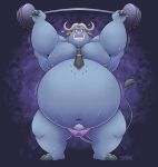  2021 3_fingers anthro belly big_belly bodily_fluids body_hair bovid bovine cape_buffalo chest_hair chief_bogo curled_horn digital_media_(artwork) disney exercise fingers hi_res hooved_fingers hooves horn looking_down male mammal navel necktie overweight overweight_anthro overweight_male pubes signature solo stompsyeen sweat tail_tuft tuft weightlifting workout zootopia 