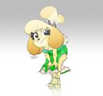  3_toes 4_fingers animal_crossing anthro bent_over breasts canid canine canis cleavage clothed clothing crown digital_media_(artwork) domestic_dog dress feet female fingers fur green_clothing green_dress hair hi_res isabelle_(animal_crossing) jewelry looking_back mammal necklace nintendo scottytheman shih_tzu simple_background smile solo standing toes toy_dog video_games yellow_body yellow_fur 