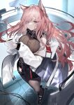  1girl absurdres amagasa_yun animal_ears bad_source bangs bare_shoulders black_skirt breasts coffee coffee_mug cup full_body girls&#039;_frontline girls&#039;_frontline_neural_cloud highres holding holding_cup labcoat large_breasts long_hair looking_at_viewer mug off_shoulder pantyhose persicaria_(girls&#039;_frontline_nc) pink_eyes pink_hair ribbed_sweater skirt sleeves_past_wrists smile solo sweater sweater_vest 