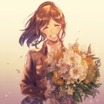  1girl bangs blush bouquet breasts brown_hair closed_eyes flower holding holding_bouquet jacket karanashi_mari medium_breasts medium_hair paradis_military_uniform ponytail sasha_braus shingeki_no_kyojin sidelocks smile solo survey_corps_(emblem) 