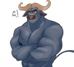  2_horns abs anthro blue_body blue_fur bovid bovine brown_eyes cape_buffalo chief_bogo crossed_arms curled_horn disney exclamation_point eyebrows fur horn inner_ear_fluff male mammal muscular muscular_anthro muscular_male navel nipples question_mark shirtless simple_background solo toritom tuft white_background zootopia 