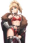  1girl absurdres bad_id bad_twitter_id bangs bare_shoulders belt blonde_hair bra braid breasts coat collar fate/apocrypha fate/grand_order fate_(series) french_braid fur_collar gauntlets green_eyes hand_on_hip harness head_tilt highres lace-trimmed_bra lace-trimmed_panties lace_trim long_hair looking_at_viewer mordred_(fate) mordred_(fate/apocrypha) navel panties parted_bangs ponytail sidelocks small_breasts smile solo sword thigh_belt thigh_strap thighhighs tonee underwear weapon 