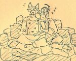  anthro beastars bedding blush bodily_fluids canid canine canis cervid clothing crossed_legs cuddling duo head_on_shoulder holding_arm leaning_on_another legoshi_(beastars) louis_(beastars) male male/male mammal pajamas pillow sleeping sweat wolf wuffinarts 