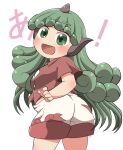  1girl blush cloud_print collared_shirt cowboy_shot curly_hair fang green_eyes green_hair highres horns kariyushi_shirt komano_aunn long_hair open_mouth red_shirt rokugou_daisuke shirt shorts signature single_horn smile solo touhou white_shorts 