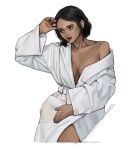  1girl arm_up black_hair breasts cleavage cowboy_shot jewelry long_sleeves medium_breasts naked_robe off_shoulder original purple_nails ring rinotuna robe short_hair simple_background solo white_background white_robe 