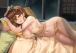  1girl absurdres age_fx atelier_(series) atelier_ryza atelier_ryza_2 azur_lane bangs bare_shoulders bed_sheet black_bow blush bow breasts brown_eyes brown_hair camisole cleavage hair_bow hairband highres large_breasts looking_at_viewer lying navel on_side open_mouth panties pillow reisalin_stout short_hair smile solo thighs underwear yellow_camisole yellow_panties 