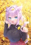  1girl :3 absurdres alternate_eye_color alternate_hairstyle animal_ear_fluff animal_ears autumn autumn_leaves bangs black_sweater blue_eyes breasts casual cat_ears cat_tail crossed_bangs eyebrows_hidden_by_hair fang forest ginkgo ginkgo_leaf gold hair_between_eyes hair_intakes hamura_hm highres hololive jewelry large_breasts leaf light_blush long_sleeves looking_at_viewer medium_hair nature necklace nekomata_okayu open_mouth outdoors paw_ornament plaid plaid_skirt purple_hair purple_nails ribbed_sweater short_ponytail sidelocks skirt sleeves_past_wrists smile solo sweater sweater_tucked_in tail tsurime turtleneck turtleneck_sweater upper_body virtual_youtuber x_x 