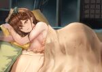  1girl absurdres age_fx atelier_(series) atelier_ryza atelier_ryza_2 azur_lane bangs bare_shoulders bed_sheet black_bow blush bow breasts brown_eyes brown_hair camisole cleavage hair_bow hairband highres large_breasts looking_at_viewer lying on_side open_mouth pillow reisalin_stout short_hair smile solo yellow_camisole 