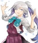  1girl ahoge asashimo_(kancolle) asashimo_kai_ni_(kancolle) blazer commentary_request cowboy_shot dress fang grey_eyes grey_hair grey_jacket hair_over_one_eye jacket kantai_collection long_sleeves looking_at_viewer pleated_dress ponytail purple_dress school_uniform solo tsukasa_(tukasa_br) w_arms white_background 