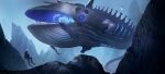  1other abyssal_pacific_princess abyssal_ship blue_whale bubble commentary_request flippers glowing glowing_eyes kantai_collection monster o-sirius open_mouth scenery turret underwater water weapon whale white_whale 