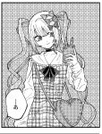  1girl bow bowtie cellphone choker chouzetsusaikawa_tenshi-chan cowboy_shot dress greyscale hair_bow heart-shaped_bag hirumanoinu holding holding_phone long_hair long_sleeves monochrome multiple_hair_bows needy_girl_overdose phone quad_tails smartphone smile solo speech_bubble very_long_hair 