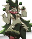  3_toes anthro breasts feet felid feline female fur generation_9_pokemon green_body green_fur hi_res juggling looking_at_viewer mammal meowscarada nintendo pawpads paws pokemon pokemon_(species) simple_background sixpixpen smile solo toes video_games white_background 