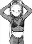  1girl bikini blush fishnet_shirt greyscale haguhagu_(rinjuu_circus) hands_up highres jewelry long_hair looking_at_viewer monochrome navel necklace original parted_lips sasha_(haguhagu) shorts simple_background solo swimsuit white_background 