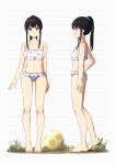  1girl absurdres alternate_hairstyle ball bangs barefoot beachball bikini black_hair breasts cleavage closed_mouth collarbone commentary_request dirty dirty_feet feet floral_print frilled_bikini frills from_side grass green_scrunchie hair_ornament hair_scrunchie highres inoue_takina legs long_hair looking_at_viewer lycoris_recoil multiple_views navel ponytail print_bikini purple_eyes revision scrunchie sidelocks simple_background small_breasts standing swimsuit tbear toes white_background white_bikini 