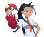  1girl backpack bag between_breasts black_bag black_hair breast_pocket breasts closed_mouth collared_shirt commentary_request danut eyelashes fingerless_gloves freckles gloves green_hair hand_on_hip highres holding holding_poke_ball multicolored_hair necktie nemona_(pokemon) orange_eyes orange_necktie pocket poke_ball poke_ball_(basic) pokemon pokemon_(game) pokemon_sv ponytail red_gloves shirt short_sleeves single_glove smile solo strap_between_breasts two-tone_hair upper_body 