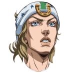  1boy blonde_hair blue_eyes grandguerrilla horseshoe johnny_joestar jojo_no_kimyou_na_bouken male_focus parted_lips portrait simple_background solo steel_ball_run white_background 