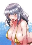  1girl :d bikini blush breasts brown_eyes copyright_request gold_bikini grey_hair highres huge_breasts ishii_hisao leaning_forward long_hair looking_at_viewer open_mouth smile solo swimsuit 