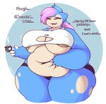  2022 4_fingers absurd_res anthro areola areola_slip belly belly_squeeze beverage big_breasts blue_body blue_hair breasts brown_areola candy claws clothed clothing countershade_face countershade_torso countershading crop_top deep_navel dessert dialogue ditto_(pok&eacute;mon) drowsy english_text eyelashes eyes_closed fan_character female fingers food generation_1_pokemon glamor glimglam goo_creature hair hand_on_stomach hi_res holding_beverage holding_object huge_breasts marshmallow multicolored_hair navel nintendo nipple_outline obese obese_anthro obese_female overweight overweight_anthro overweight_female panties pink_hair pokemon pokemon_(species) portrait shirt skimpy snaggle_tooth snorlax solo spots standing text thick_arms thick_thighs three-quarter_portrait tight_clothing tired topwear torn_clothing two_tone_hair under_boob underwear video_games wide_hips 
