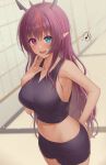  1girl black_shorts black_sports_bra blue_eyes bokuboyarts breasts finger_to_mouth heterochromia highres hololive hololive_english horns irys_(hololive) large_breasts looking_at_viewer midriff multicolored_hair musical_note nail_polish navel open_mouth pointy_ears purple_hair purple_nails red_eyes red_hair shorts smile spoken_musical_note sports_bra streaked_hair virtual_youtuber 