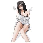  1girl bangs bare_legs black_hair breasts cleavage detached_wings feet_out_of_frame highres long_hair long_sleeves looking_at_viewer off-shoulder_shirt off_shoulder original parted_lips rinotuna shirt simple_background solo white_background white_shirt wings 