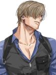  1boy blue_shirt brown_hair collarbone collared_shirt facial_hair grey_vest hair_over_one_eye head_tilt leon_s._kennedy male_focus open_collar parted_lips resident_evil resident_evil_6 shirt short_hair solo stubble tatsumi_(psmhbpiuczn) toned toned_male upper_body vest white_background 