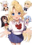  aegis_(takunomi) bangs blonde_hair blue_eyes bow bowtie breasts chibi collared_shirt elf elliot_leucosia enjo_kouhai from_above hands_up highres iris_(takunomi) long_hair looking_at_viewer medium_breasts miniskirt multiple_girls open_hands open_mouth origamine_ouka original pleated_skirt pointy_ears ponytail school_uniform shirt short_sleeves simple_background skirt smile solo_focus swept_bangs takunomi ursula_(takunomi) very_long_hair white_background white_shirt 