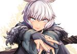  1girl animal_ears black_gloves cat_ears closed_mouth facial_mark final_fantasy final_fantasy_xiv fingernails gloves grey_eyes ishii_hisao looking_at_viewer medium_hair miqo&#039;te partially_fingerless_gloves purple_nails reaching_towards_viewer robe signature smile solo whisker_markings white_hair y&#039;shtola_rhul 
