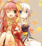  2girls :d ahoge animal_around_neck arch_bishop_(ragnarok_online) autumn_leaves bangle bangs black_dress blue_eyes blush bow bracelet breasts brown_hairband cleavage cleavage_cutout closed_mouth clothing_cutout commentary_request cross detached_sleeves dress falling_leaves feet_out_of_frame fishnet_thighhighs fishnets fox frilled_thighhighs frills green_eyes hair_between_eyes hair_bow hairband high_heels hoshino_nazuna jewelry leaf long_hair looking_at_another looking_to_the_side maple_leaf medium_breasts multiple_girls one_eye_closed open_mouth pelvic_curtain pink_hair professor_(ragnarok_online) ragnarok_online red_dress red_sleeves sash sitting sleeveless sleeveless_dress smile striped_sleeves thighhighs two-tone_dress white_dress white_hair white_thighhighs yellow_bow yellow_sash yellow_sleeves 