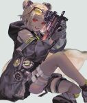  1girl absurdres brown_hair bullpup commentary_request double_bun eyewear_on_head feet_out_of_frame gas_mask girls&#039;_frontline gloves gun hair_bun highres holding holding_gun holding_weapon hood hooded_jacket jacket looking_at_viewer mask mask_removed nik_ibi open_mouth p90 p90_(girls&#039;_frontline) red_eyes shoes short_hair sitting smile solo submachine_gun sunglasses thigh_strap thighhighs weapon 