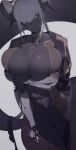  1girl abs bangs black_horns black_skin breasts brown_eyes brown_jacket collarbone colored_skin curled_horns grey_hair highres horns huge_breasts ill_(ub1mo) injury jacket jacket_on_shoulders long_hair looking_at_viewer mechanical_arms muscular muscular_female navel original revision science_fiction solo tail thick_thighs thighs toned ub1mo unmoving_pattern 