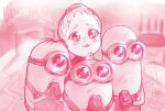  1girl 3others :3 blush crossover cyclops despicable_me goggles haguhagu_(rinjuu_circus) hair_bun highres minion_(despicable_me) monochrome multiple_others one-eyed original own_hands_together parody pink_theme sasha_(haguhagu) single_hair_bun smile 