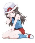  1girl black_wristband blue_shirt blue_socks brown_eyes brown_hair bucket_hat closed_mouth commentary_request full_body hair_flaps hand_up hat highres ia_(ilwmael9) leaf_(pokemon) long_hair looking_to_the_side loose_socks one_eye_closed pleated_skirt pokemon pokemon_(game) pokemon_frlg red_skirt rubbing_eyes shirt shoes sitting skirt sleeveless sleeveless_shirt socks solo white_background white_footwear white_headwear wristband 