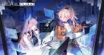  2girls absurdres animal_ears black_gloves blonde_hair breasts cat_ears character_name choker clipboard closed_eyes coffee collarbone commentary cup desk english_commentary fingerless_gloves fur_collar girls&#039;_frontline girls&#039;_frontline_neural_cloud gloves hair_ornament hair_scrunchie highres hitokoto holding holding_clipboard holding_cup id_card jacket jewelry keyboard_(computer) labcoat large_breasts long_hair long_sleeves looking_at_another monitor mug multiple_girls necklace on_desk open_mouth orange_jacket paper persicaria_(girls&#039;_frontline_nc) pink_hair ponytail revision ribbed_shirt scrunchie second-party_source shirt smile sol_(girls&#039;_frontline_nc) white_shirt yellow_eyes 