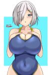  1girl blue_background blue_eyes blue_one-piece_swimsuit breasts collarbone competition_swimsuit covered_navel grey_hair hair_ornament hair_over_one_eye hairclip hamakaze_(kancolle) hands_on_own_chest highres kantai_collection large_breasts looking_at_viewer montemasa neckerchief one-piece_swimsuit short_hair solo swimsuit two-tone_background white_background 