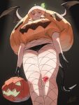  1girl ahoge arms_at_sides black_gloves breasts demon_tail feet_out_of_frame fishnet_pantyhose fishnets florida-chan_(ryusei_hashida) from_below gloves high-waist_pantyhose highres holding jack-o&#039;-lantern large_breasts legs_together looking_at_viewer orange_hair original pantyhose parody pumpkin_costume red_eyes ryusei_hashida sidelocks signature smile solo tail wings 