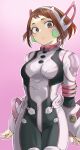  1girl absurdres arms_at_sides black_bodysuit blush_stickers bob_cut bodysuit boku_no_hero_academia breasts brown_hair closed_mouth commentary cowboy_shot fengling_(furin-jp) gradient gradient_background helmet highres light_frown looking_at_viewer medium_breasts pink_background pink_bodysuit purple_eyes short_bangs short_eyebrows short_hair sidelocks simple_background solo standing thigh_gap uraraka_ochako 