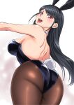  :d animal_ears ass bare_shoulders black_hair black_leotard breasts brown_pantyhose choker fake_animal_ears fake_tail from_behind highres ishii_hisao large_breasts leotard long_hair looking_at_viewer open_mouth original outstretched_arms pantyhose playboy_bunny purple_eyes rabbit_ears rabbit_tail smile spread_arms standing tail white_choker 