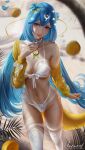  1girl bao_(vtuber) blue_hair blurry blurry_background blurry_foreground blush bra breasts cetacean_tail choker detached_sleeves flower food fruit hair_flower hair_ornament highres indie_virtual_youtuber lemon lemon_slice lips long_hair looking_at_viewer medium_breasts motion_blur navel panties red_eyes signature solo thighhighs underwear unravel_page virtual_youtuber web_address wet whale_girl white_bra white_choker white_panties white_thighhighs 