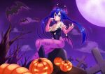  1girl animal_print ankokuboshi_kurome bare_shoulders bat_print blue_hair blush boots breasts cleavage commentary_request cosplay demon_wings finger_to_mouth from_side full_body full_moon graveyard grin hair_between_eyes hair_ornament hairclip halloween halloween_costume hands_up head_wings highres knee_boots long_hair looking_at_viewer medium_breasts moon morrigan_aensland morrigan_aensland_(cosplay) neptune_(series) night outdoors pantyhose pumpkin purple_eyes purple_pantyhose sakaki_jin&#039;ya sitting sky smile solo star_(sky) starry_sky tombstone twintails vampire_(game) very_long_hair wings 