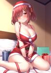  1girl bangs bare_shoulders bed blush box breasts cleavage copyright_request dress fur-trimmed_dress fur_trim gift gift_box hair_ornament hat indoors karutamo large_breasts long_hair looking_at_viewer red_dress red_headwear santa_costume santa_dress santa_hat smile solo 