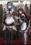  2girls :o absurdres alternate_costume amber_(genshin_impact) anger_vein apron bangs black_dress black_hairband black_thighhighs blue_hair brown_eyes commentary_request dress enmaided eula_(genshin_impact) frilled_apron frills genshin_impact hair_between_eyes hair_ornament hairband highres looking_at_viewer maid medium_hair multiple_girls one_eye_closed open_mouth parted_lips partial_commentary petticoat puffy_short_sleeves puffy_sleeves short_sleeves spoken_anger_vein standing the_olphy thighhighs white_apron white_thighhighs zettai_ryouiki 