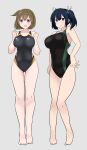  2girls absurdres ass_visible_through_thighs barefoot black_one-piece_swimsuit blue_hair breasts brown_eyes brown_hair covered_navel full_body grey_background hair_between_eyes hair_ribbon highres kantai_collection large_breasts long_hair multiple_girls noruren one-piece_swimsuit one_side_up open_mouth ribbon short_hair side_ponytail simple_background stretching swimsuit twintails 