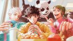  1girl 3boys black_hair blue_jacket blurry blurry_foreground blush burger chewing closed_eyes cup drinking_straw eating fast_food food glasses green_hair heart holding holding_cup holding_food hood hoodie inumaki_toge jacket jujutsu_kaisen looking_at_another medium_hair multiple_boys munette okkotsu_yuuta open_mouth panda_(jujutsu_kaisen) pink_sweater pointing ponytail round_eyewear short_hair sitting smile spiked_hair suspenders sweater white_hair window yellow_hoodie zen&#039;in_maki 