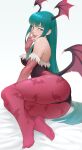  1girl animal_print aqua_hair ass bare_shoulders bat_print cheshirrr commentary demon_girl demon_wings elbow_gloves feet fingerless_gloves full_body gloves green_eyes head_wings highres long_hair looking_at_viewer mole mole_under_eye morrigan_aensland open_mouth pantyhose pink_gloves pink_pantyhose print_legwear sidelocks simple_background smile solo symbol-only_commentary teeth toes tongue tongue_out vampire_(game) very_long_hair wings 