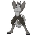  anthro belt bottomwear canid canine canis clothed clothing hands_behind_head male mammal muscular notkastar one_eye_closed pants pecs raised_arms solo topless wink wolf 